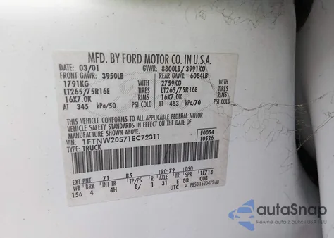 2001 Ford F-250 Lariat/Xl/Xlt z USA, uszkodzony, nr VIN 1FTNW20S71EC72311